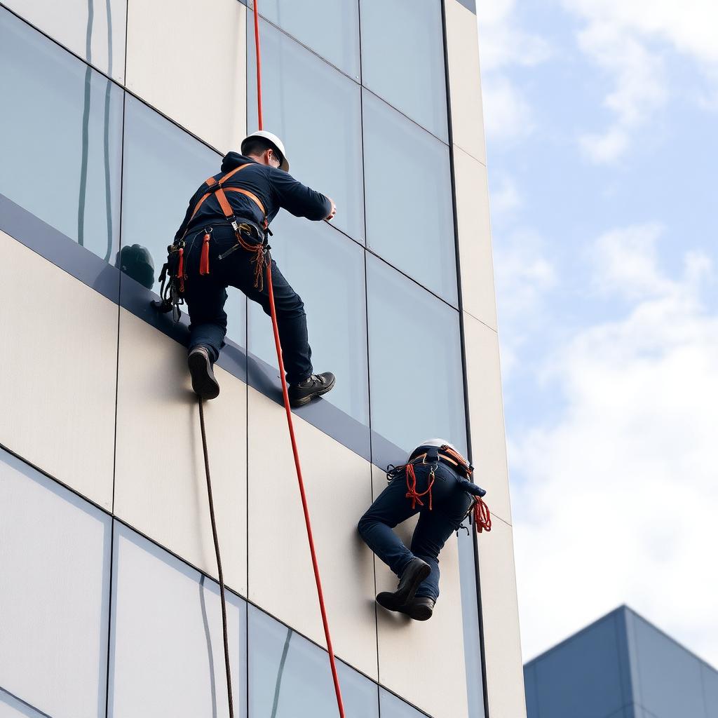 Trabalhadores em rapel inspecionando fachada de prédio