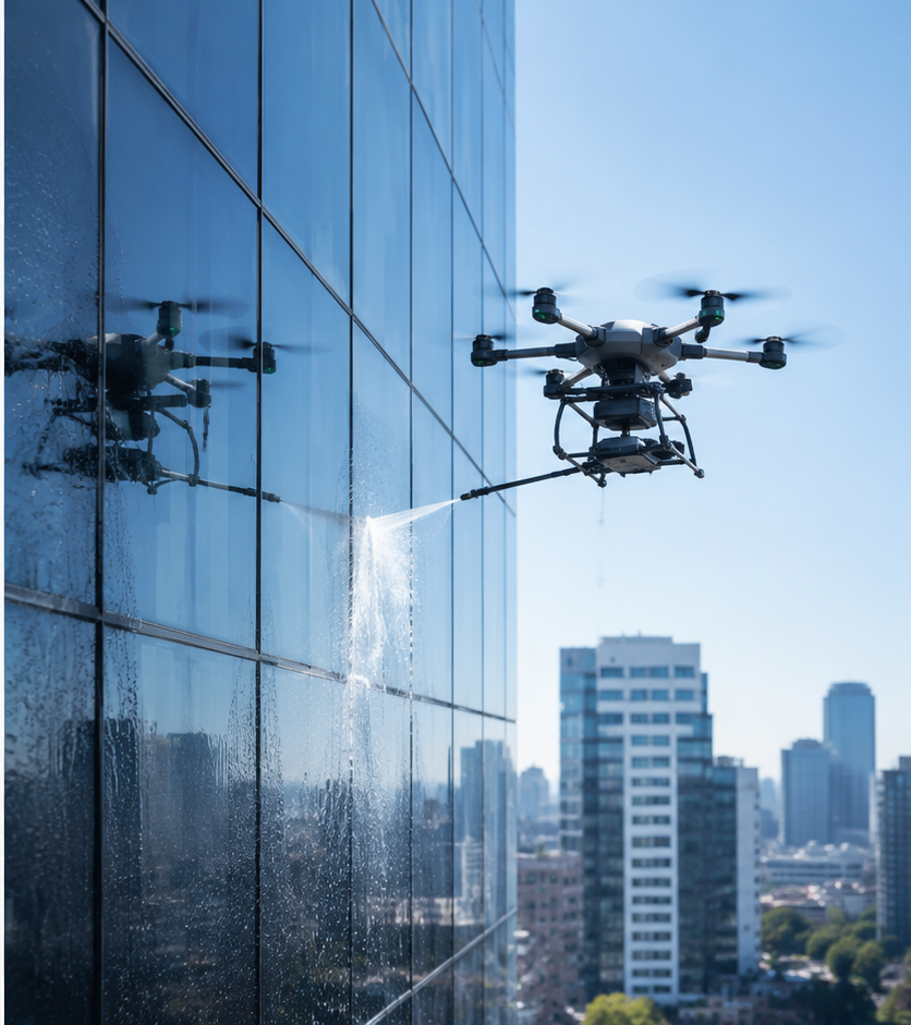 Drone realizando limpeza de fachada de vidro de prédio corporativo
