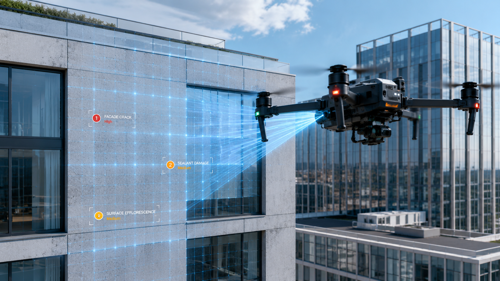 Drone inspecionando fachada e cobertura de edifício