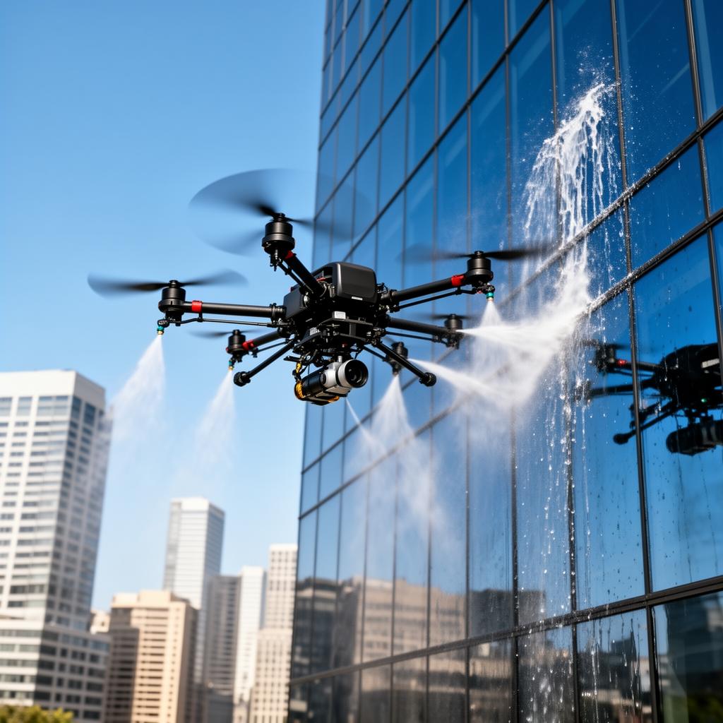Drone realizando limpeza em fachada de vidro de prédio moderno