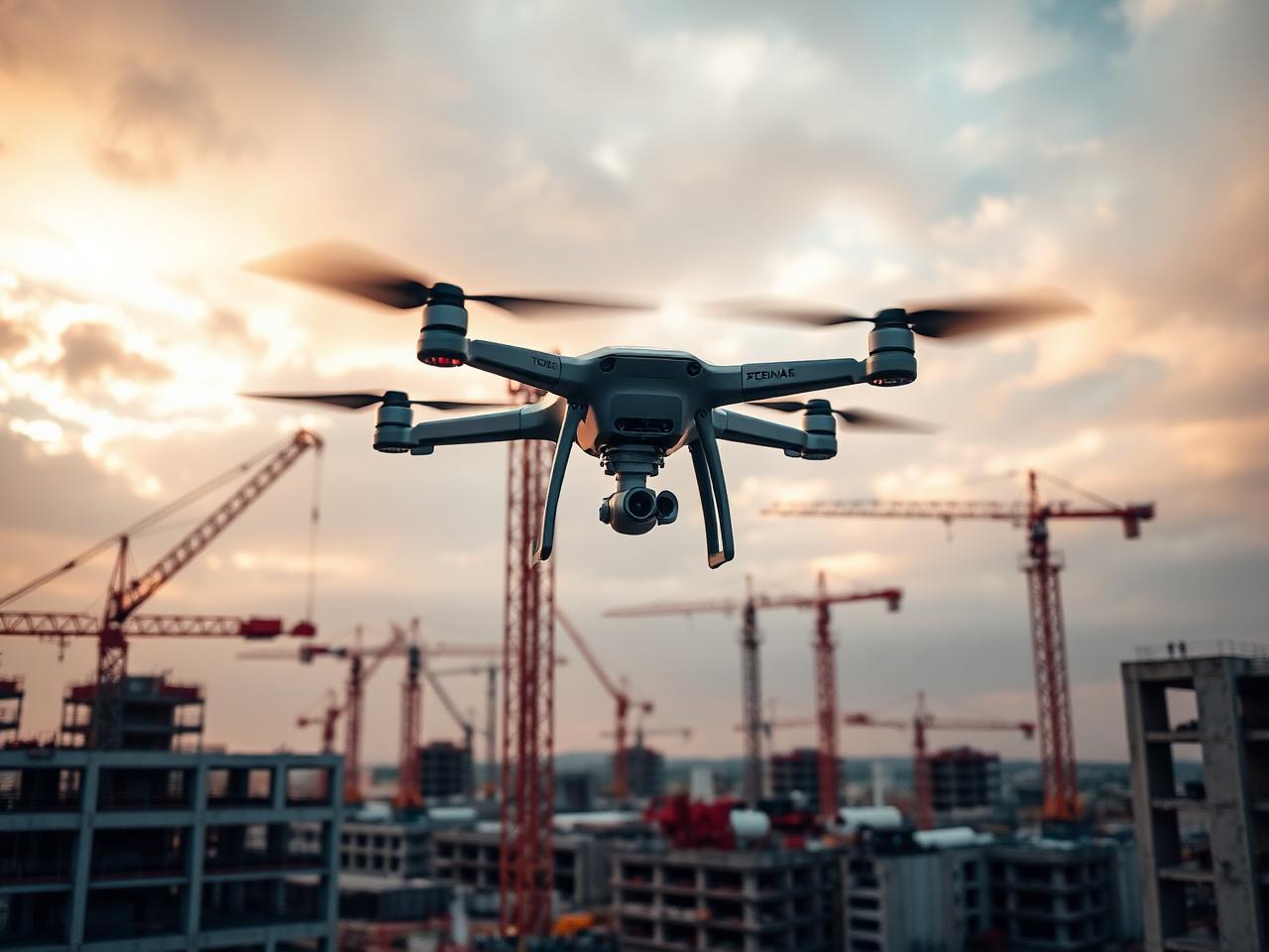 Drone profissional sobrevoando canteiro de obras com cranes