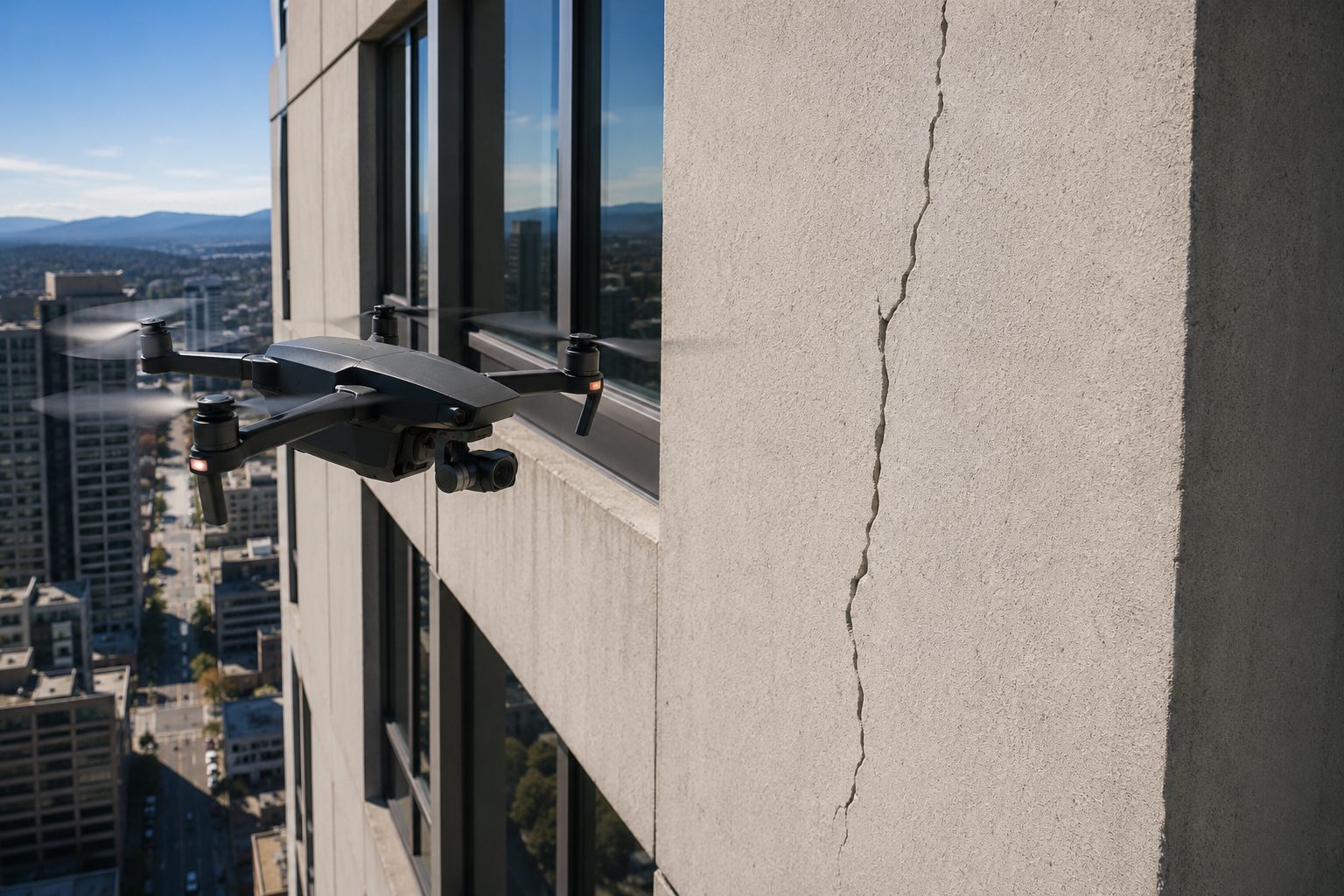Drone inspecionando trinca em fachada de edifício