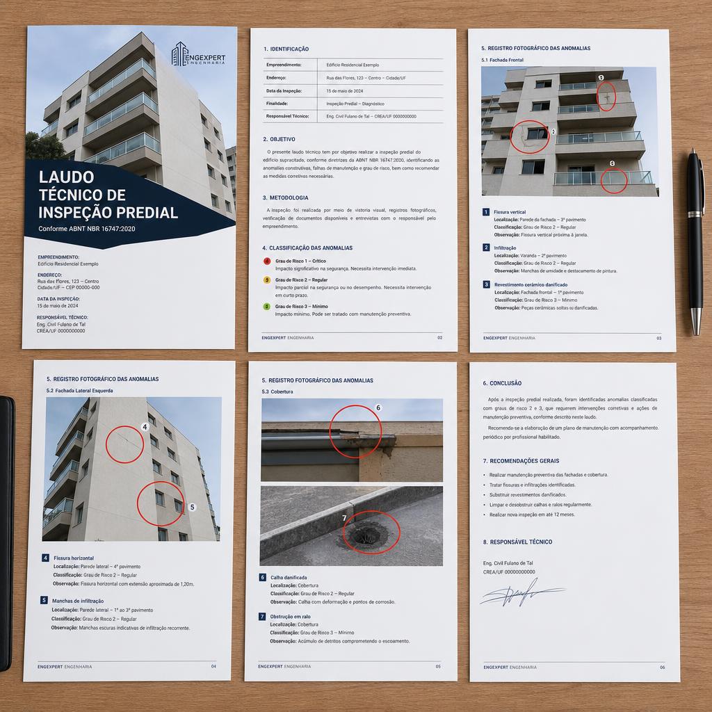 Mockup de laudo técnico de inspeção predial com capa, fotos da fachada e marcações de anomalias