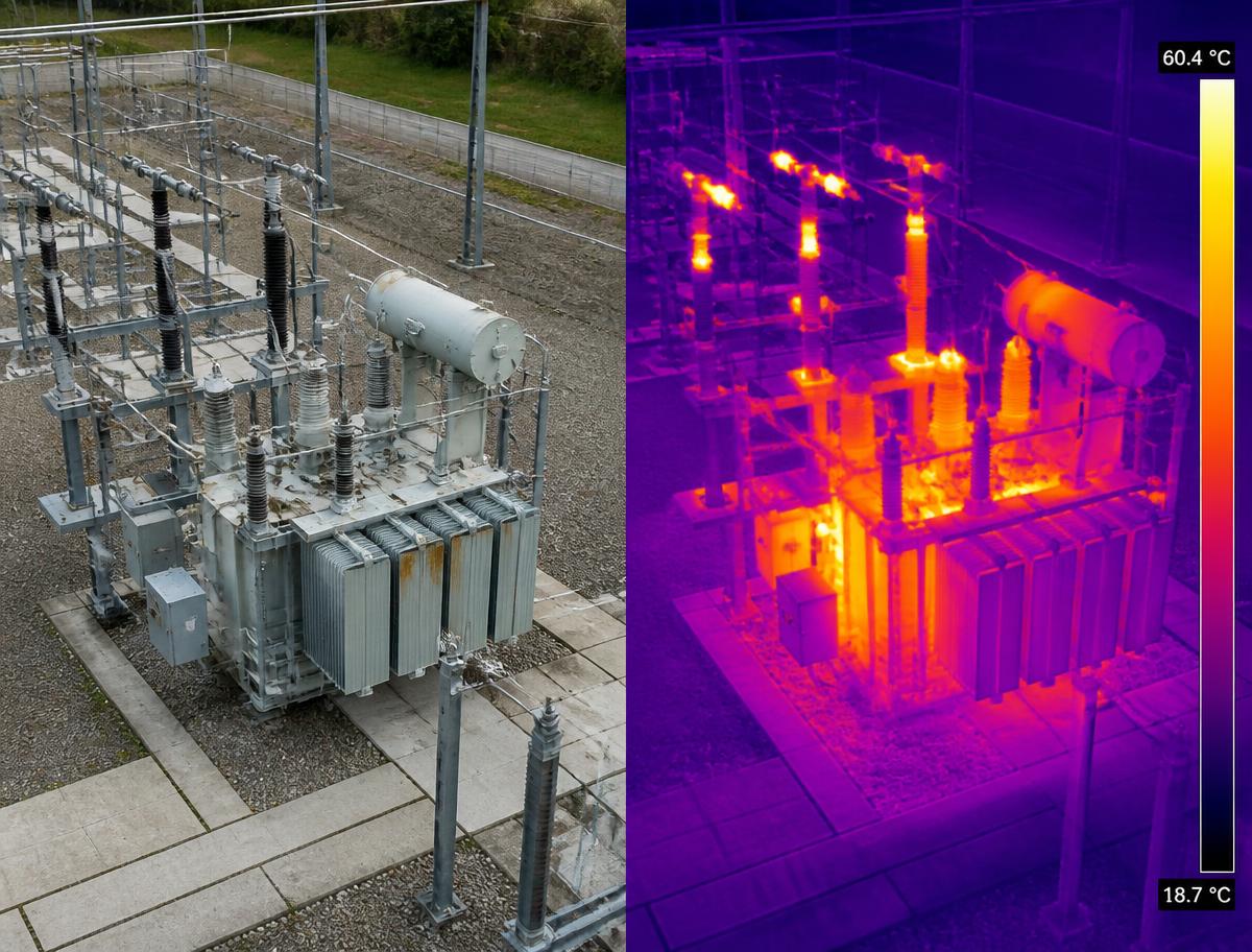 Comparação entre imagem visual e imagem termográfica de subestação