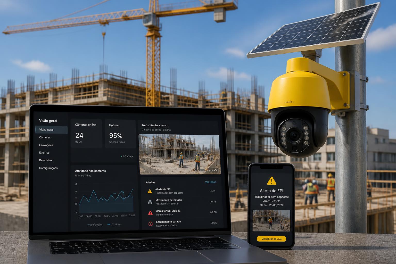 Câmera de monitoramento, dashboard ProMonitor e celular com alertas em uma obra ativa